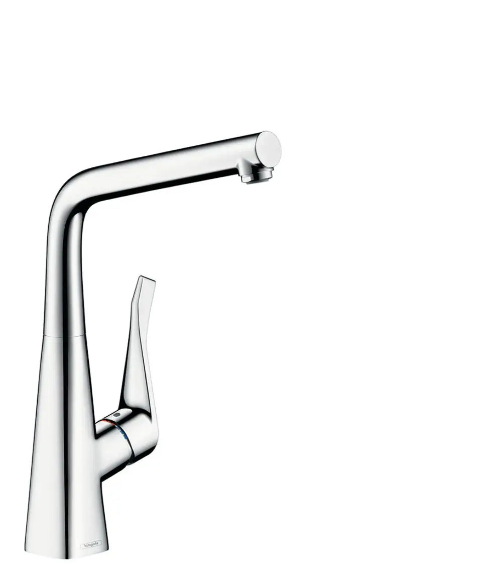 Küchenmischer in Chrom von Hansgrohe, mit einem hochstehenden, schwenkbaren Auslauf und einem Einhebelgriff für die Wasserregulierung.